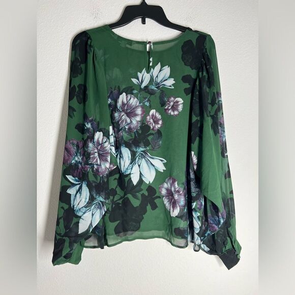 Zac and Rachel Bohemian Green Purple Blue Floral Sheer Top Size S Cuffed sleeve - Picture 2 of 14